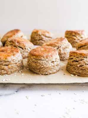 Maple Oatmeal Biscuits Recipe by The Wood and Spoon blog by Kate Wood. This is a simple, one bowl recipe for southern style fluffy layered biscuits filled with rolled oats and pure maple syrup. The biscuits are tall and thick, soft from the addition of buttermilk. Naturally sweet with maple syrup, these are best served for breakfast or as an easy addition to brunch. Find the recipe and the how to on thewoodandspoon.com